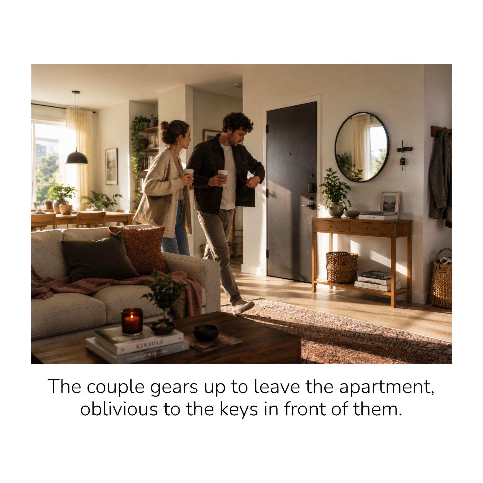 A couple leaving their apartment, each holding a coffee cup, as they gear up to leave for the day, with the woman wearing a beige cardigan and the man in a dark jacket, standing in a cozy and well-decorated living room.