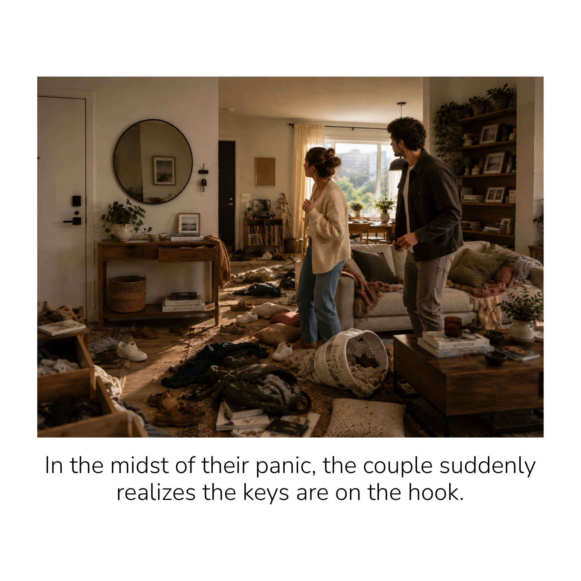 A messy living room with clothes, shoes, and magazines scattered on the floor, a woman and a man standing and talking.