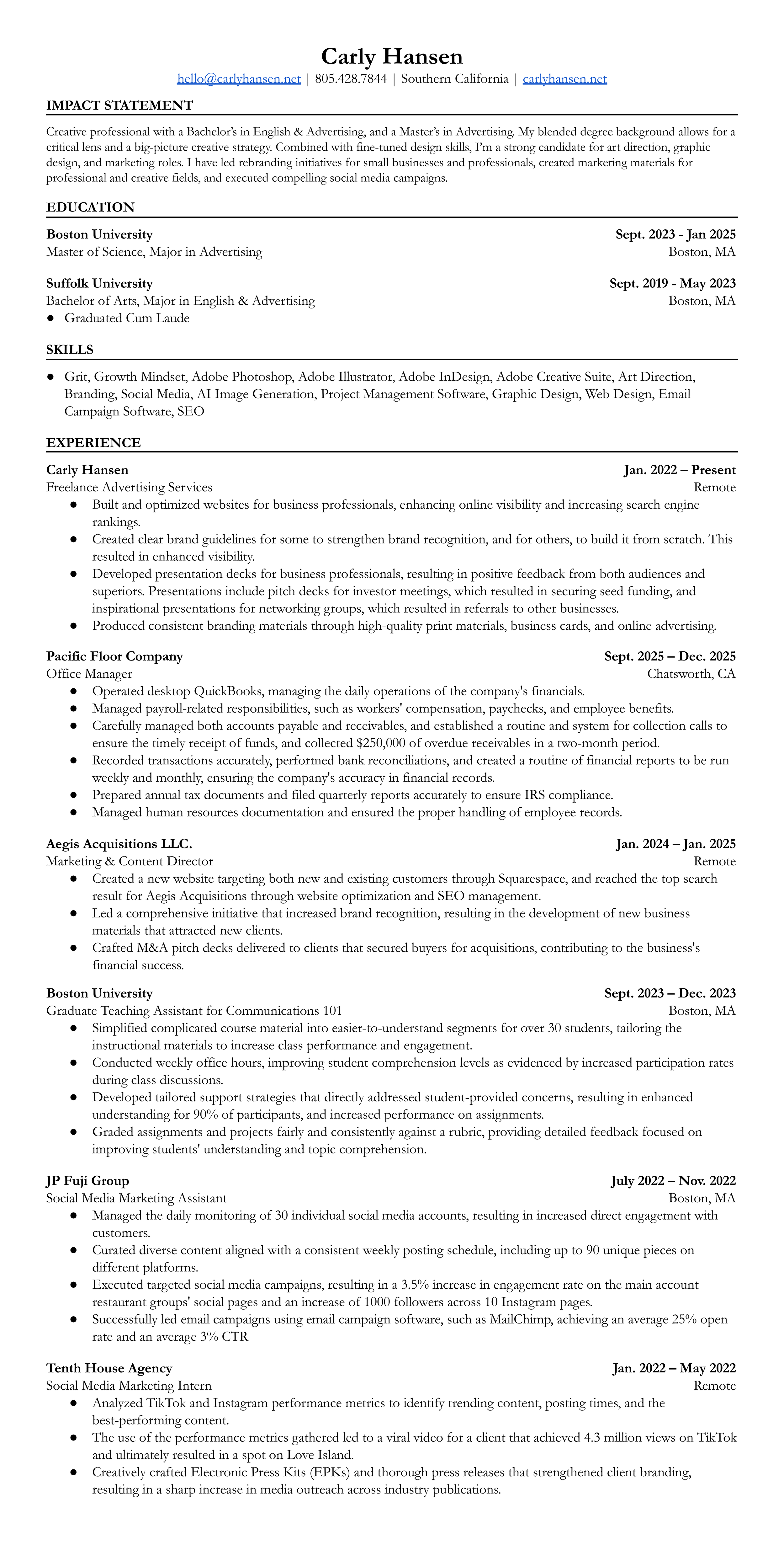 Resume of Carly Hansen including contact information, education, skills, and professional experience.