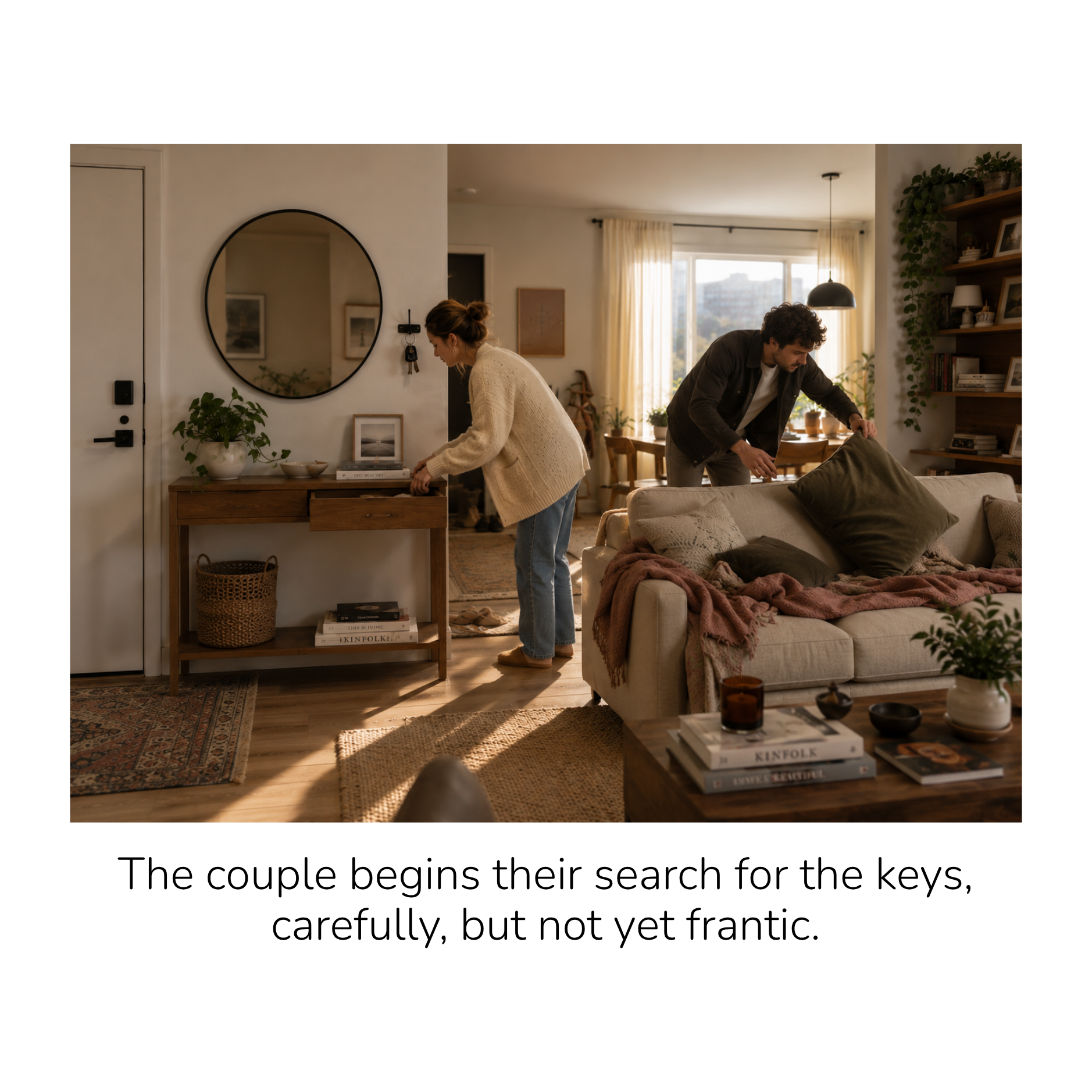 A cozy living room scene with a woman and man searching for keys. The woman is reaching for a table, and the man is leaning over a couch. The room has a rustic decor with plants, books, and artwork, and sunlight coming through the window.