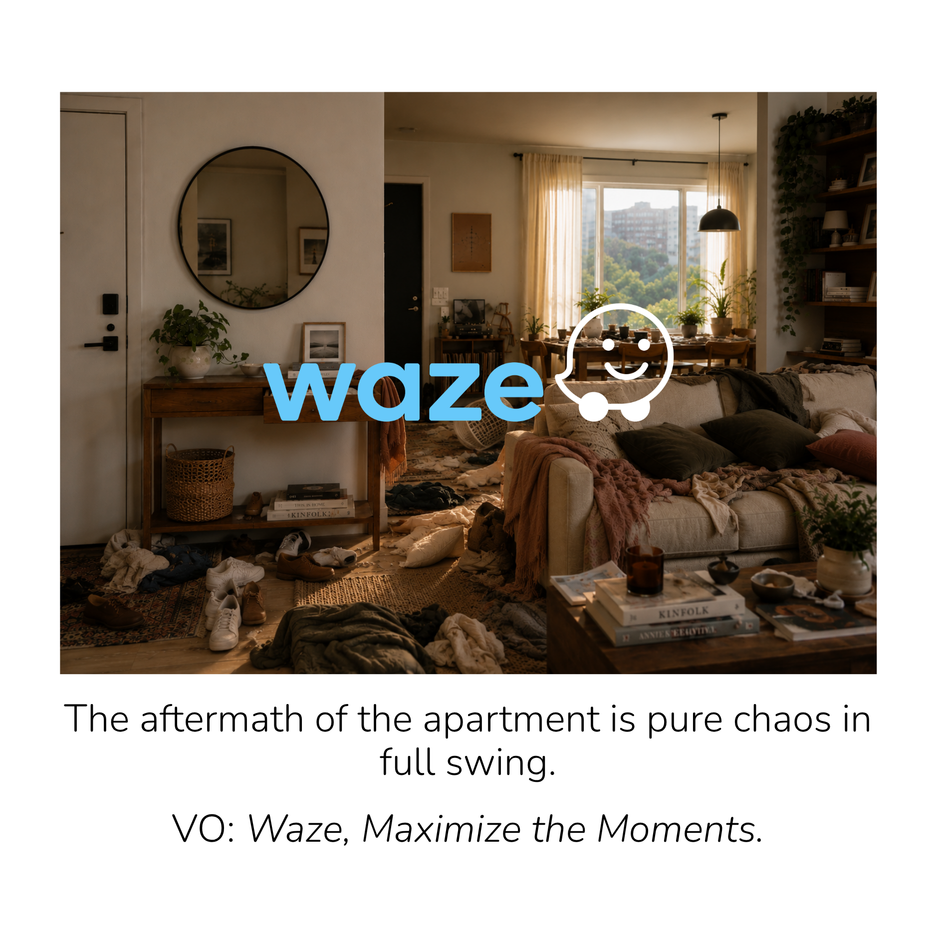 Living room with a mess of shoes, clothes, and clutter, a wooden table holding books and small decor items, a beige couch with pillows and blankets, a dark bookshelf filled with items, and a large window with sheer curtains showing trees and building