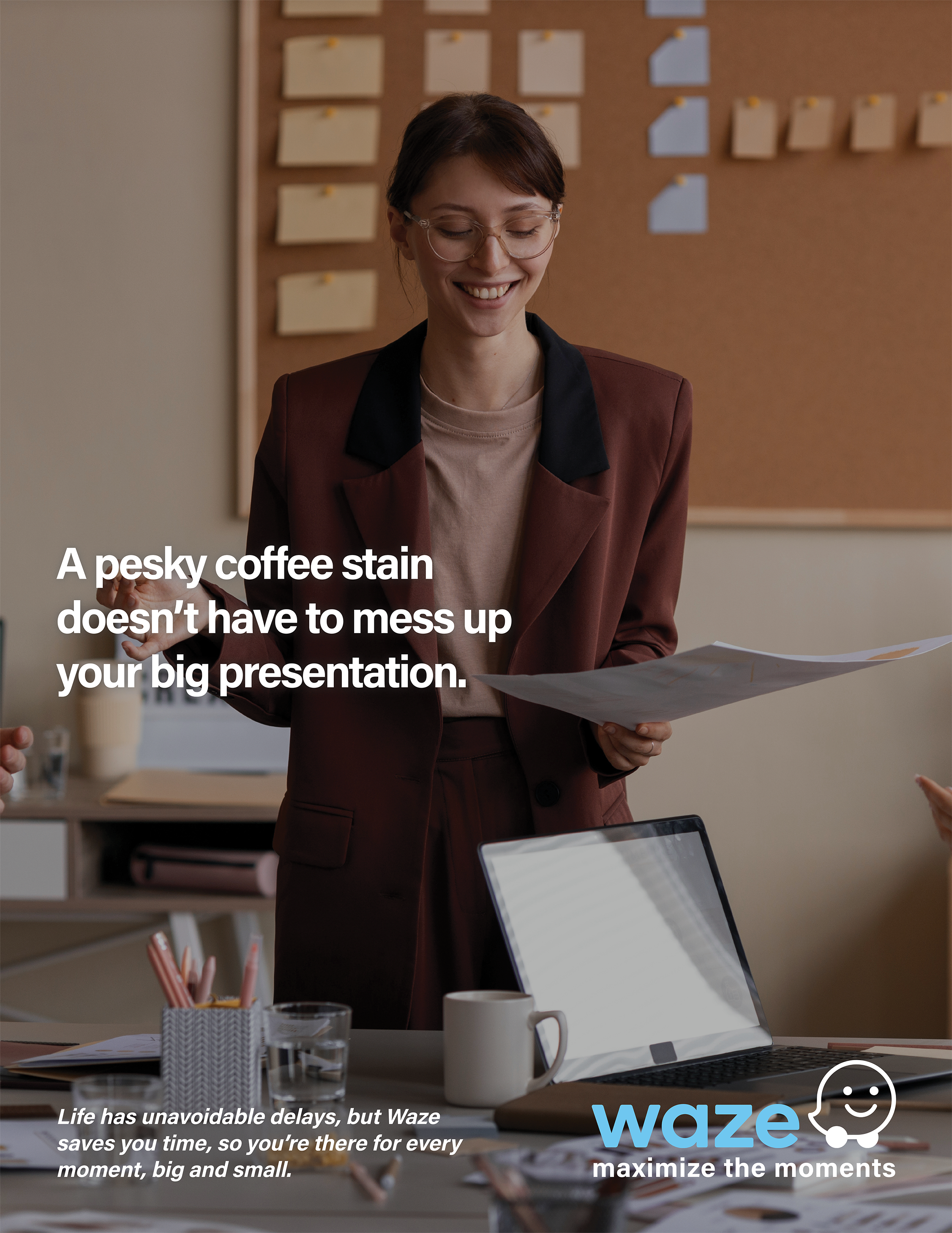A woman with short hair, glasses, and a blazer is smiling and holding papers in an office. There is a corkboard with notes behind her and a laptop, mug, and pens on the table. The Waze logo is in the bottom right corner, with a caption about maximizi