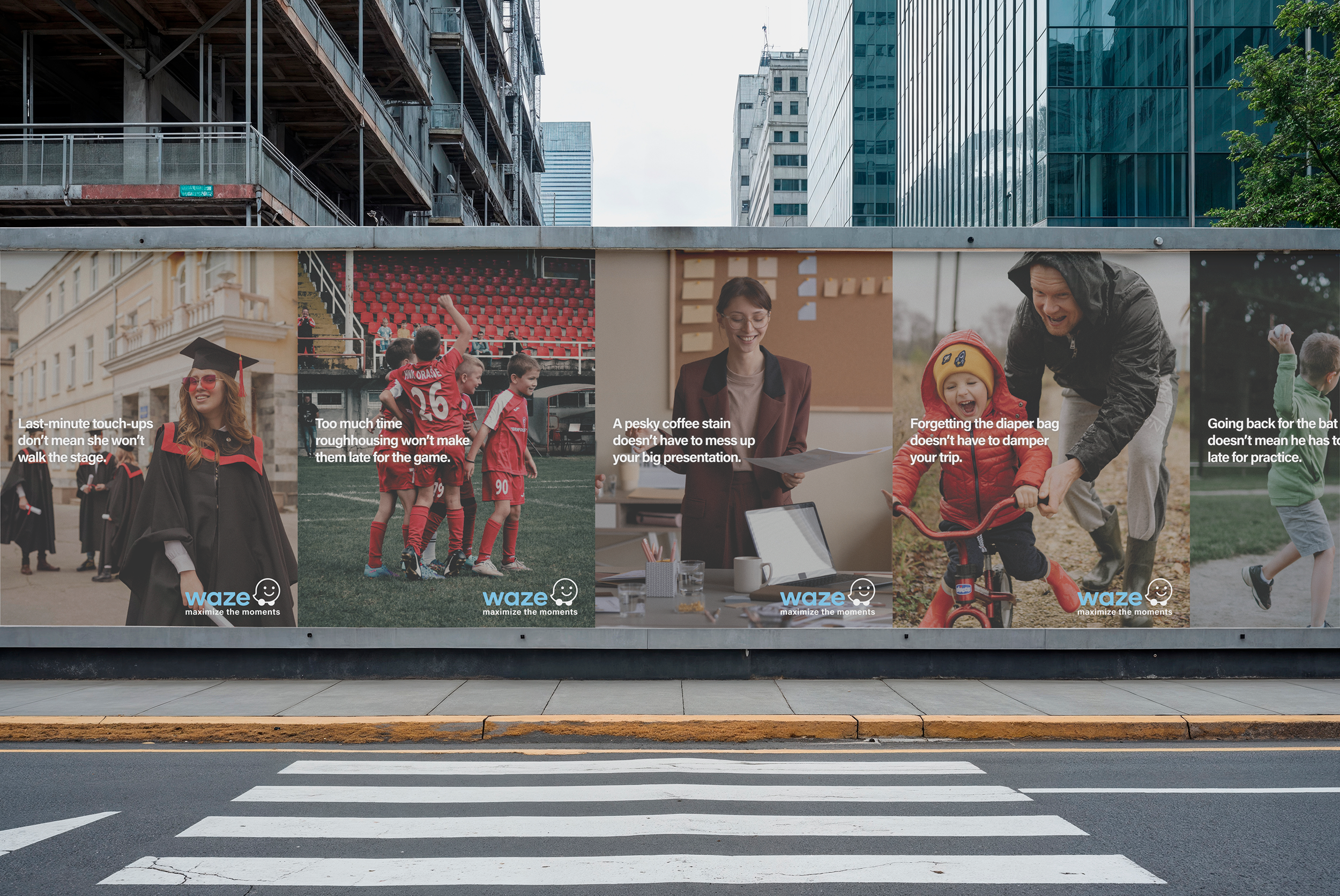A large billboard on an urban street showing four images with captions, promoting Waze app features, with city buildings in the background.