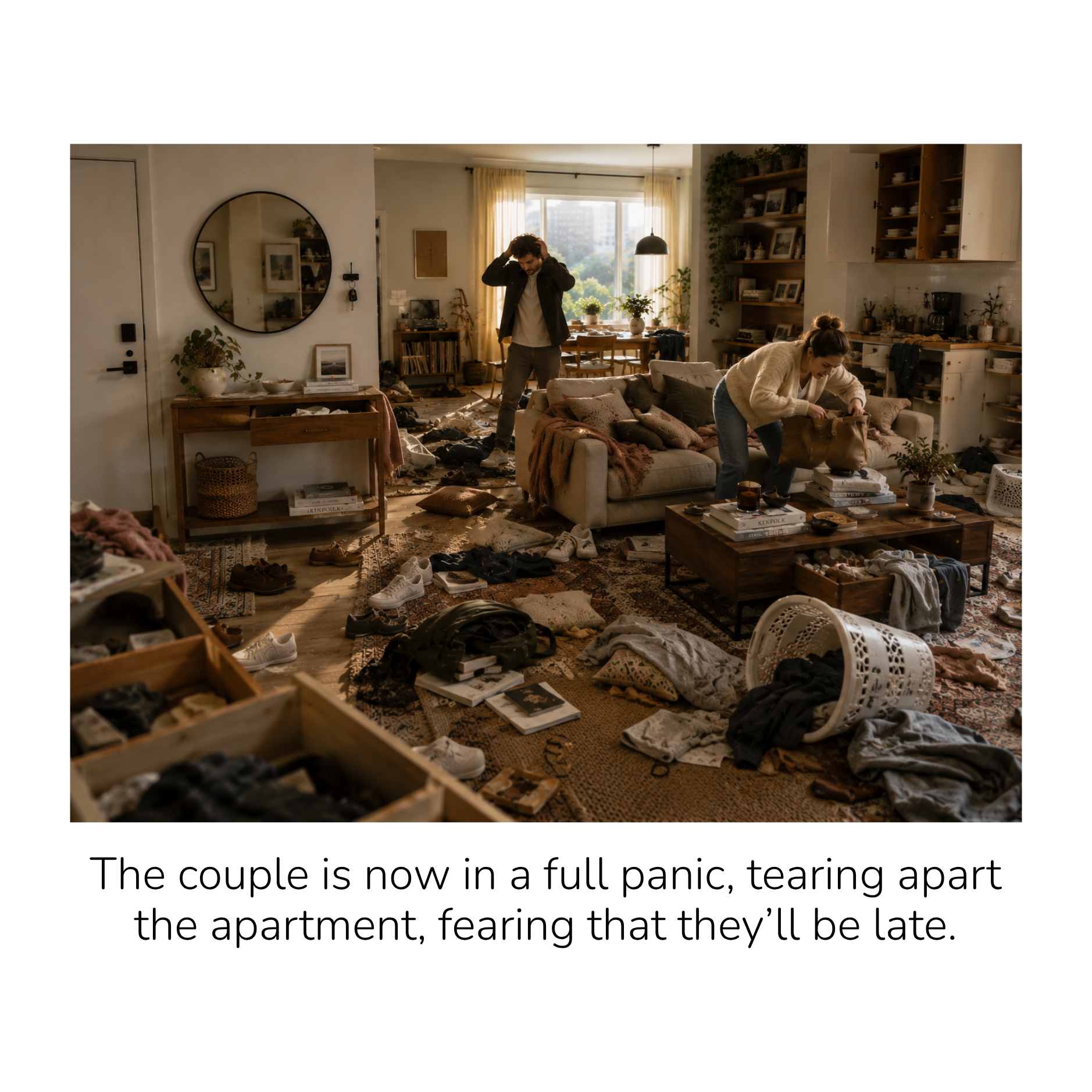 A cluttered living room with two people panicking. One man stands with hands on his head, while a woman is searching through a bag on the couch. The room is messy with clothes, shoes, books, and papers scattered across the floor and furniture, and th