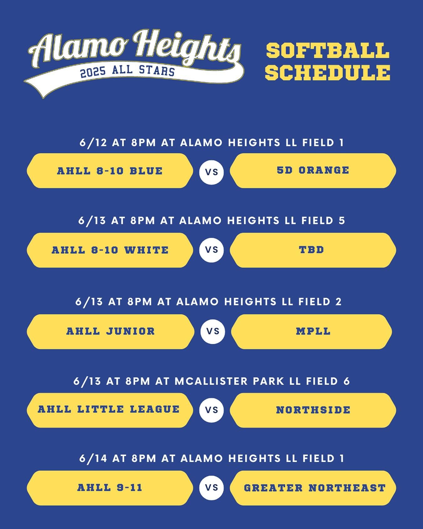 Take a look at this week&rsquo;s softball All Star tournament schedule. We look forward to seeing everyone cheering on our teams! Go Heights! 🥎💙💛