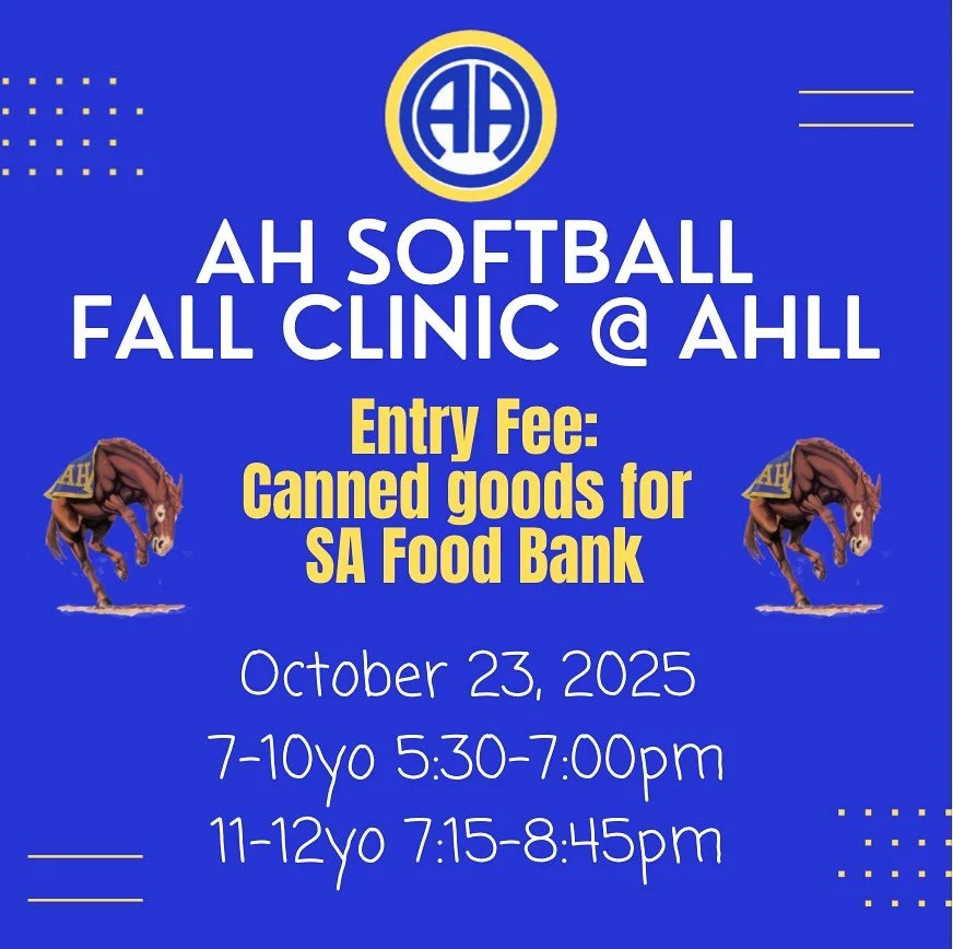 THIS THURSDAY bring some canned goods to AHLL and participate in the Fall Softball Clinic! The clinic is from 5:30pm-7pm (7-10 year olds) and 7:15pm-8:45pm (11-12 year olds). We hope to see you there! ππ₯ππ₯«