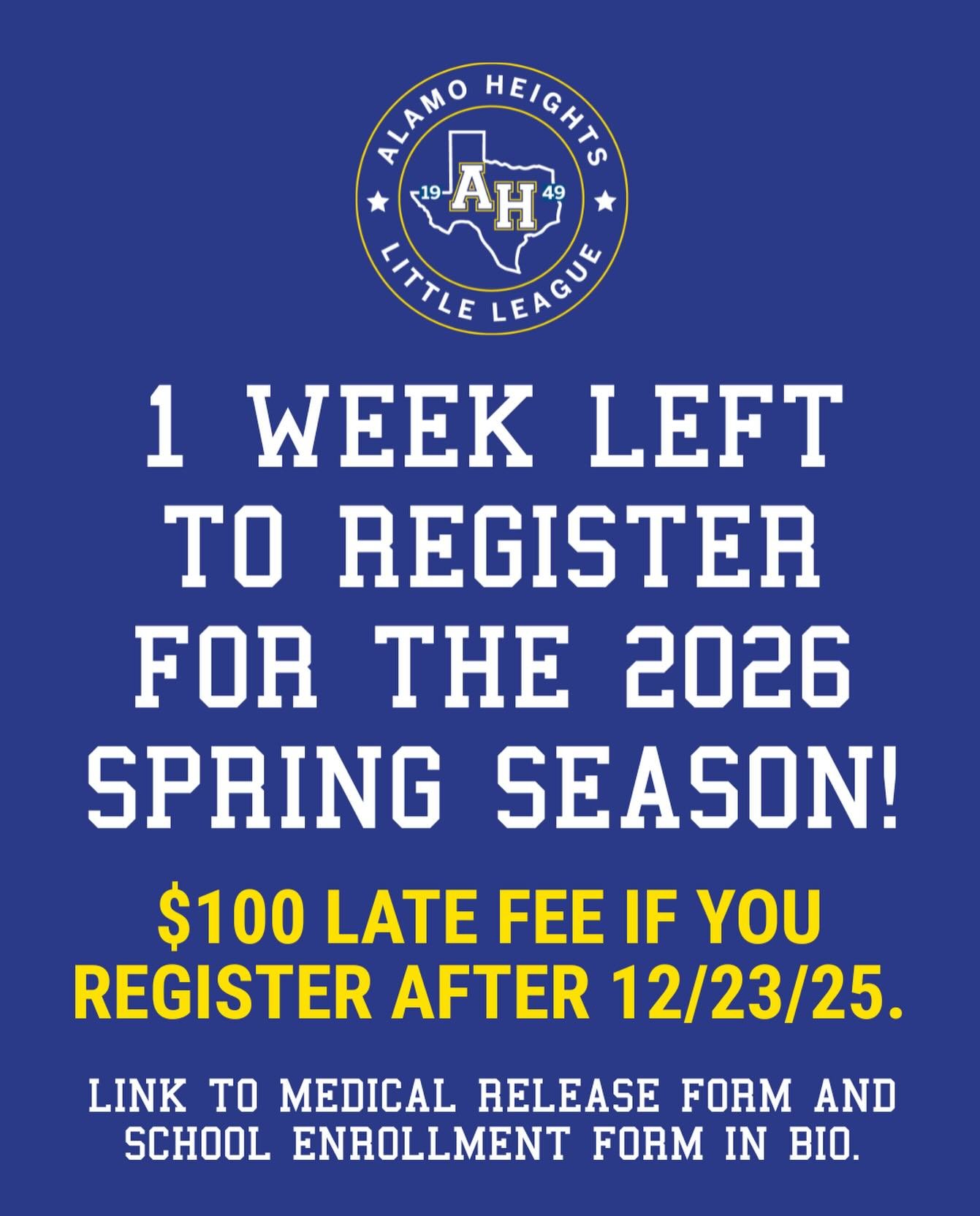 THERE&rsquo;S ONLY 1 WEEK LEFT TO REGISTER FOR THE SPRING SEASON! There will be a $100 late fee after 12/23/25 (no exceptions). It&rsquo;s hard to believe that Spring tryouts are just around the corner!

For all 10 year old and 11 year old baseball p