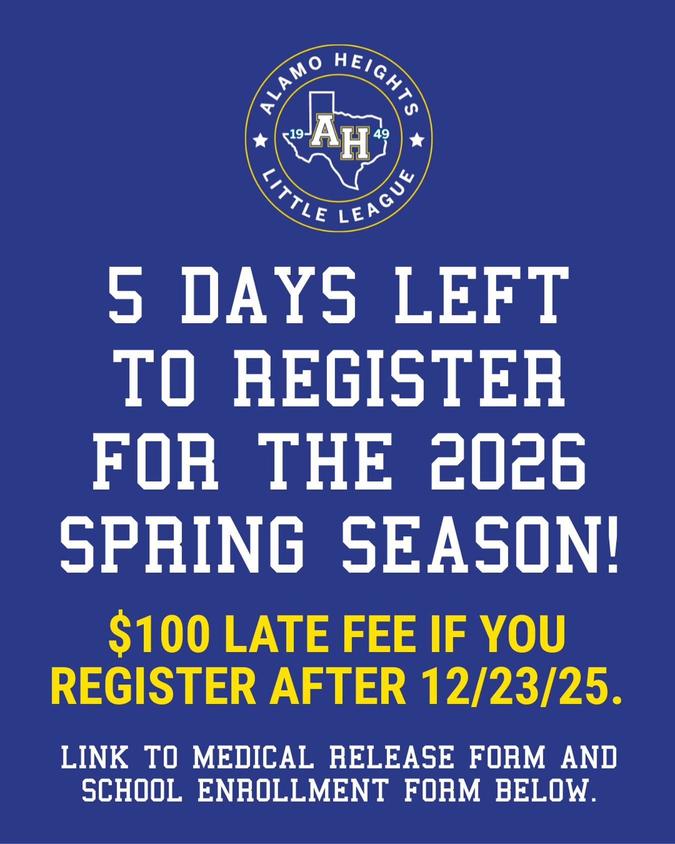 ONLY 5 DAYS LEFT TO REGISTER FOR THE SPRING SEASON! There will be a $100 late fee after 12/23/25 (no exceptions). It&rsquo;s hard to believe that Spring tryouts are just around the corner!

For all 10 year old and 11 year old baseball players wishing