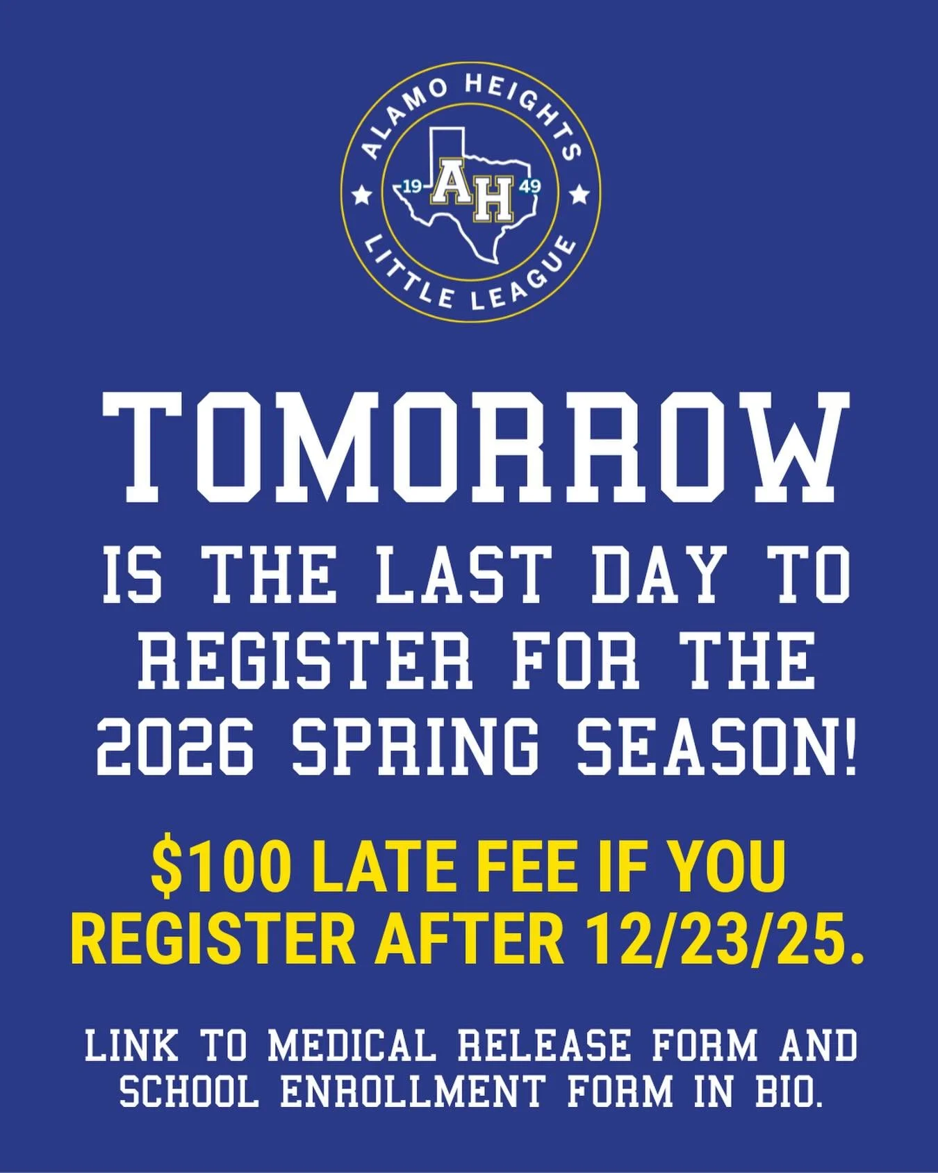 TOMORROW IS THE LAST DAY TO REGISTER FOR THE SPRING SEASON! There will be a $100 late fee after 12/23/25 (no exceptions). It&rsquo;s hard to believe that Spring tryouts are just around the corner!

For all 10 year old and 11 year old baseball players