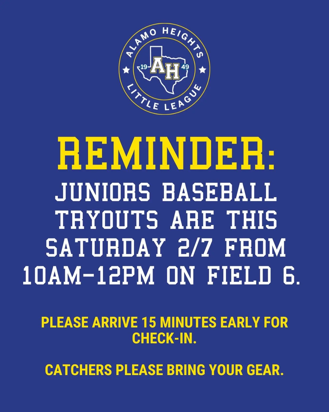 REMINDER: Juniors Baseball tryouts are THIS SATURDAY 2/7 from 10am-12pm on field 6!