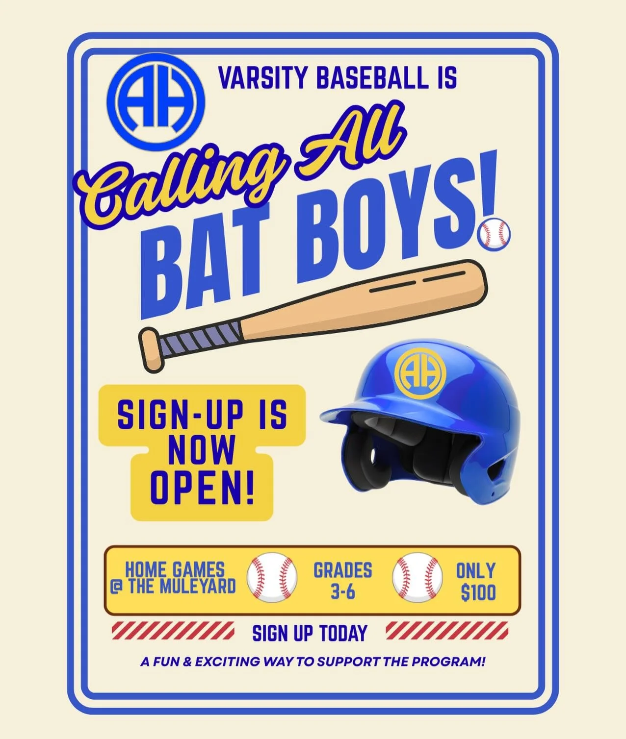 The Alamo Heights Varsity Baseball Team would like to invite 3rd-6th graders to join them at the Mule Yard as a bat boy for a home baseball game. This AH-mazing opportunity is a FUNdraiser supporting Alamo Heights Baseball.

For just $100, your futur