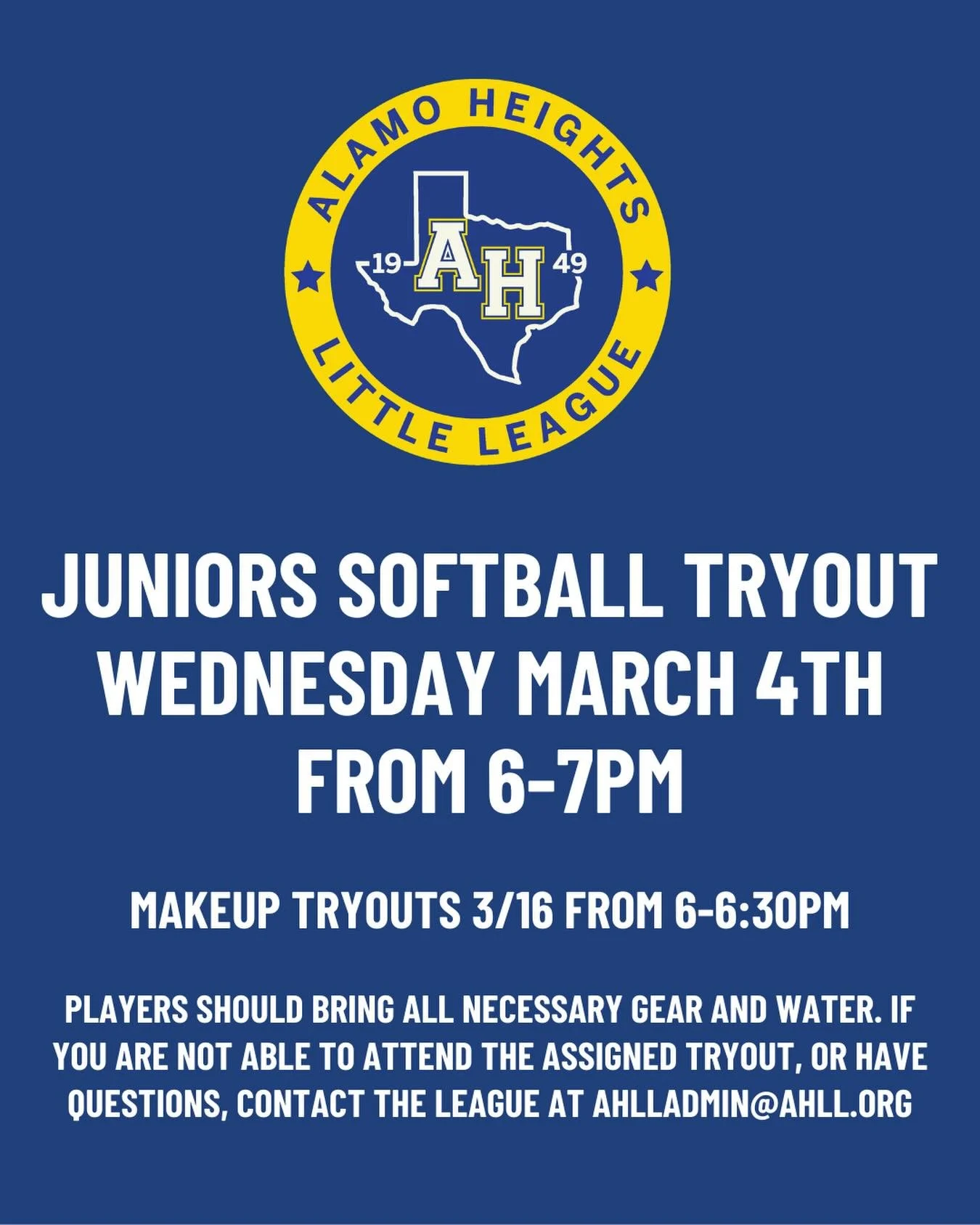 JUNIORS SOFTBALL TRYOUT:
Wednesday MArch 4th from 6-7pm

Makeup Tryouts 3/16 from 6-6:30pm

Players should bring all necessary gear and water. If you are not able to attend the assigned tryout, or have questions, contact the league at ahlladmin@ahll.