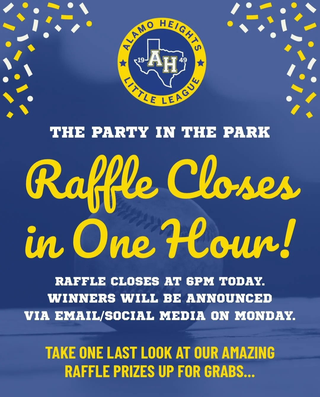 THE PARTY IN THE PARK RAFFLE CLOSES IN 1 HOUR! Raffle closes at 6pm today. Winners will be announced via email/social media on Monday. Scroll to see the incredible raffle packages up for grabs and go to www.shopahll.org/buy-raffle-tickets to snag som