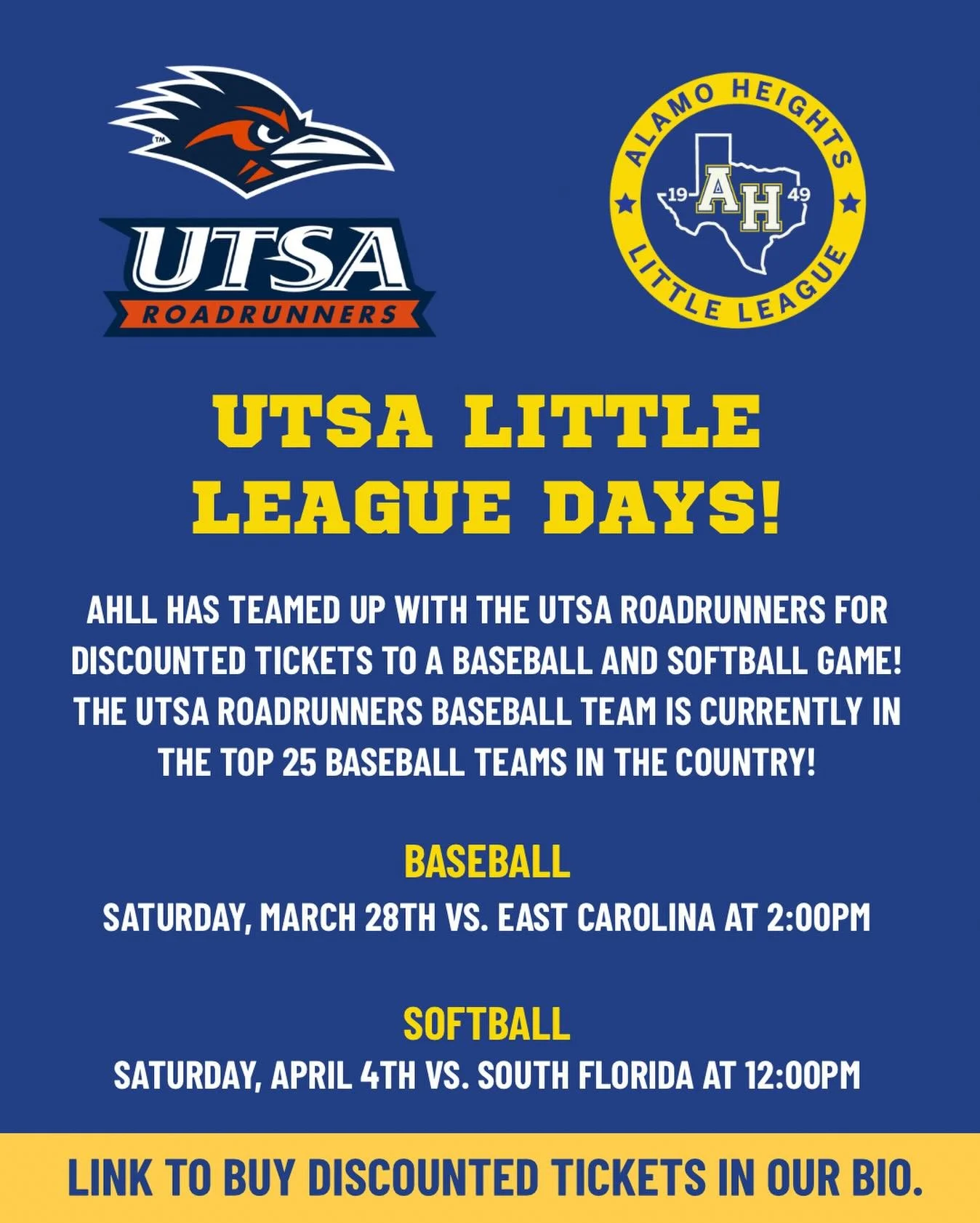 AHLL has teamed up with the UTSA Roadrunners for discounted tickets to a baseball and softball game.

The UTSA Roadrunners baseball team is currently in the top 25 baseball teams in the country! Join your friends to cheer for the Roadrunners on Satur