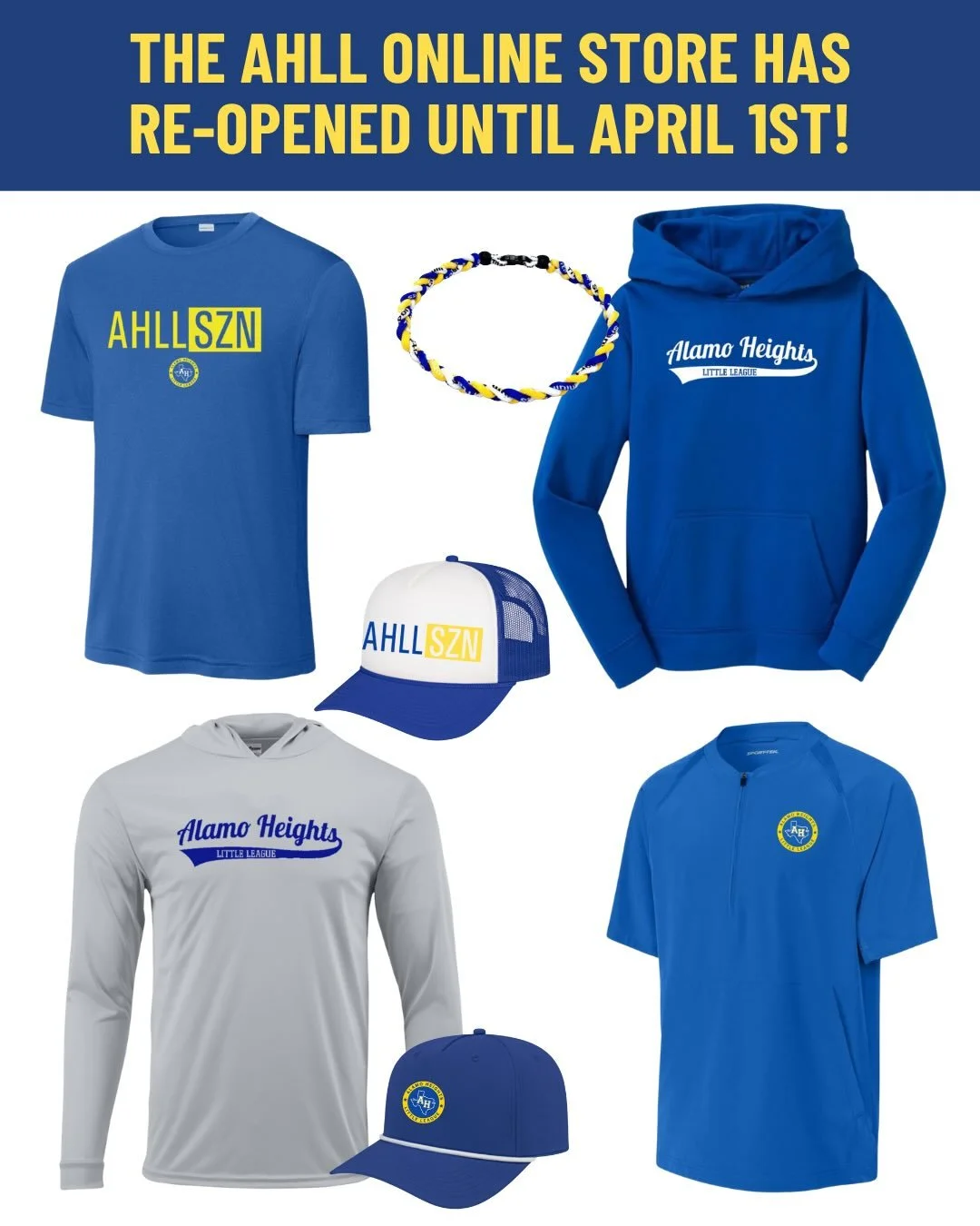The AHLL Online Store has re-opened for a limited time! We have shirts, caps, bleacher cushions, necklaces, hoodies, arm sleeves, sun shirts, optional practice shirts and more! The store closes on April 1st and all items will be ready for pickup at V