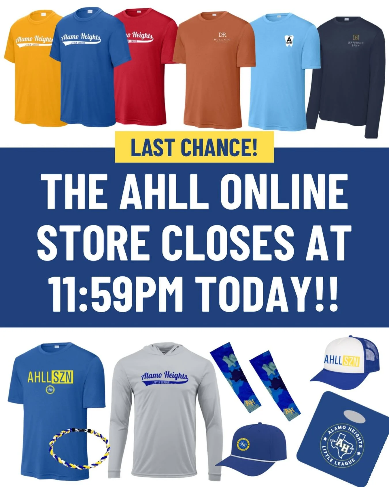 Las chance for the AHLL Online Store! The store closes as 11:59pm tonight and will not reopen for the remainder of the season. Visit the link in our profile or go to www.shopahll.org>shop. 💙💛⚾️🥎