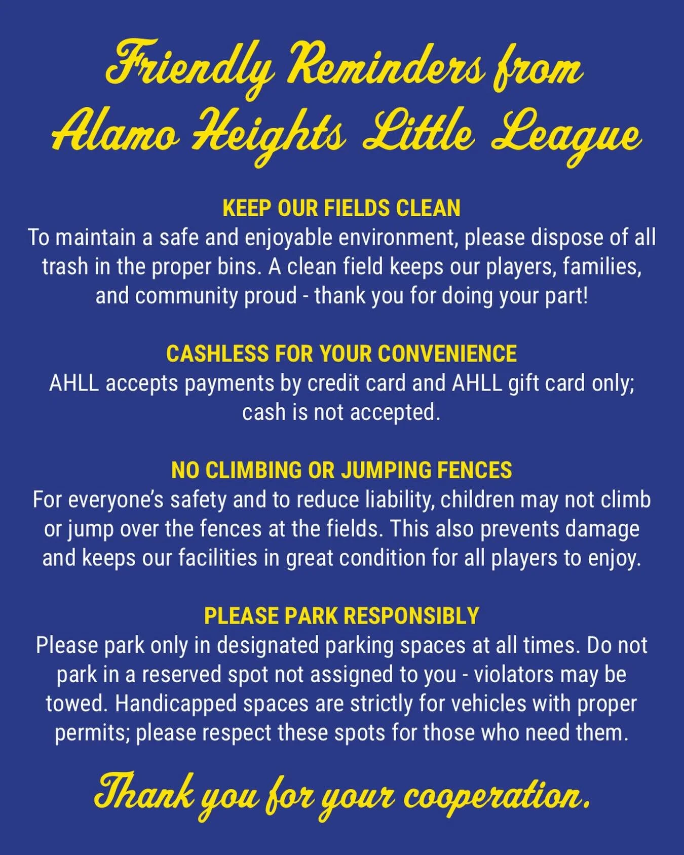 Announcements + Friendly Reminders from AHLL

Mark Your Calendars: Playoffs Begin Week of April 27th
Please note that rainouts or weather delays may push games to a later date - we will keep everyone updated with any schedule changes.

Field 2 Sponso