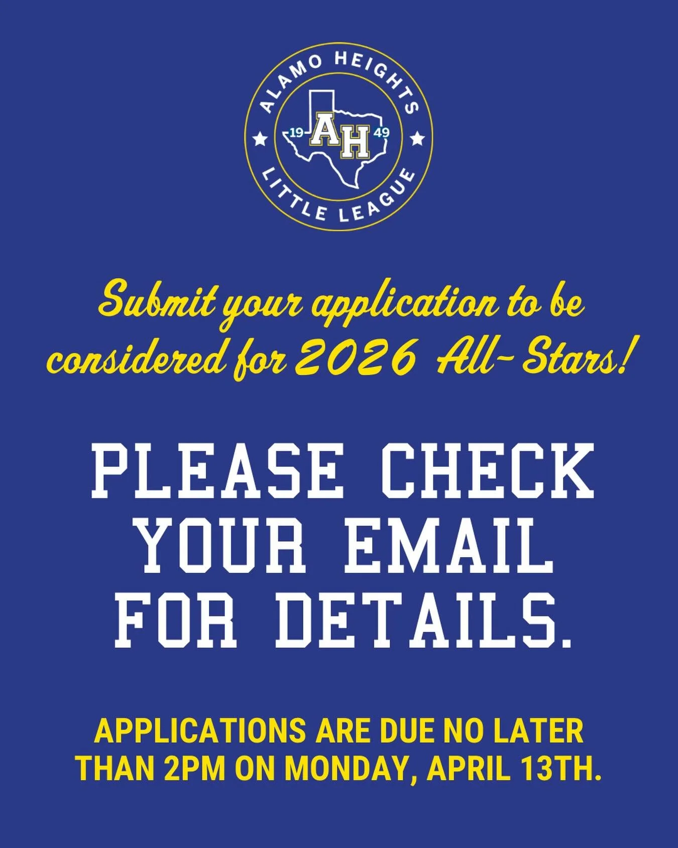 It&rsquo;s hard to believe All-Star season is just around the corner! That means it&rsquo;s time to submit your application for consideration for 2026 All Stars. Please check your email for full details -applications are due by 2:00 PM on Monday, Apr