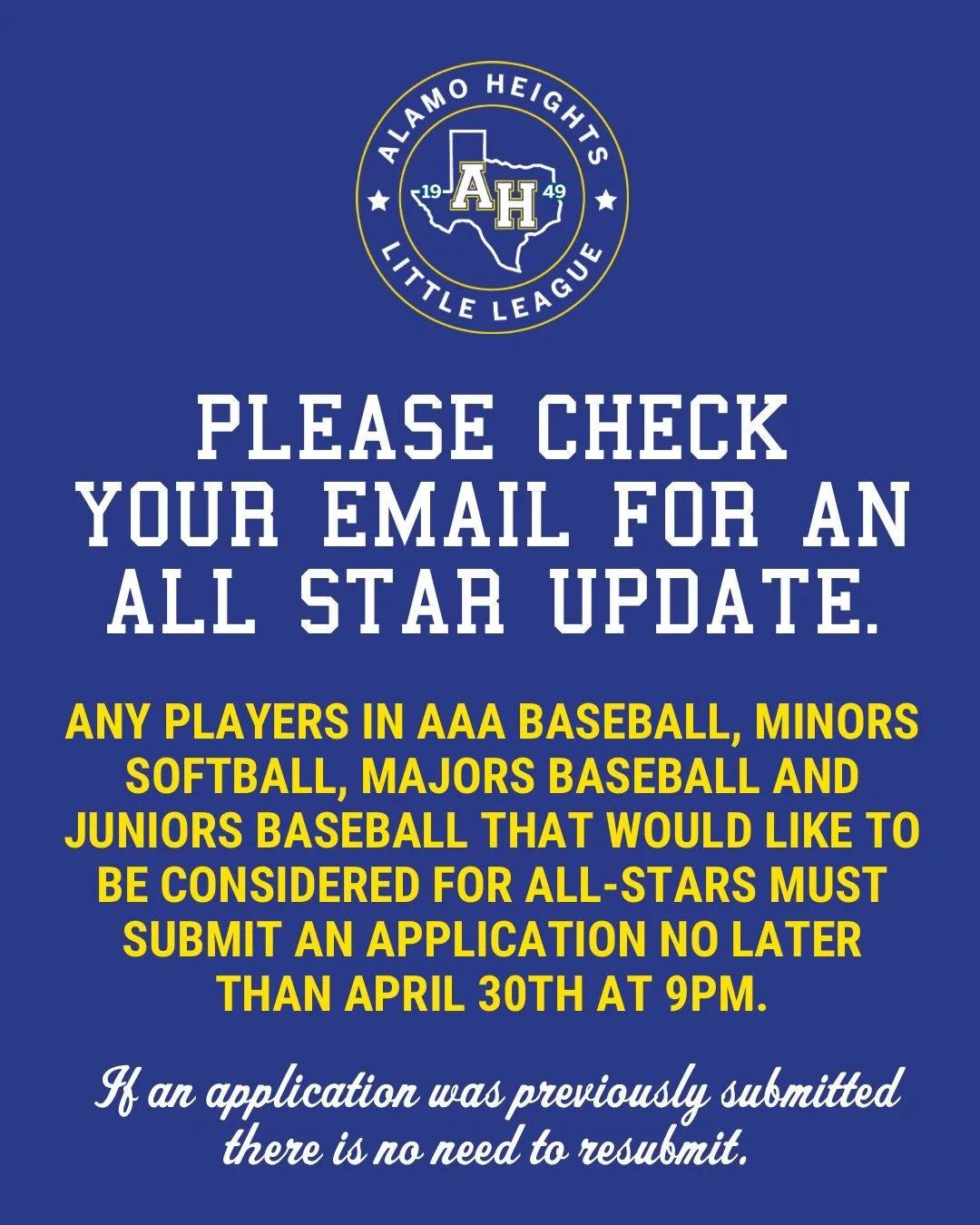 PLEASE CHECK YOUR EMAIL FOR ALL STAR UPDATES!

We recently sent out an electronic application for parents to submit their child&rsquo;s name for consideration for All-Stars. This was a data gathering exercise to gauge the interest in All-Stars. We ar