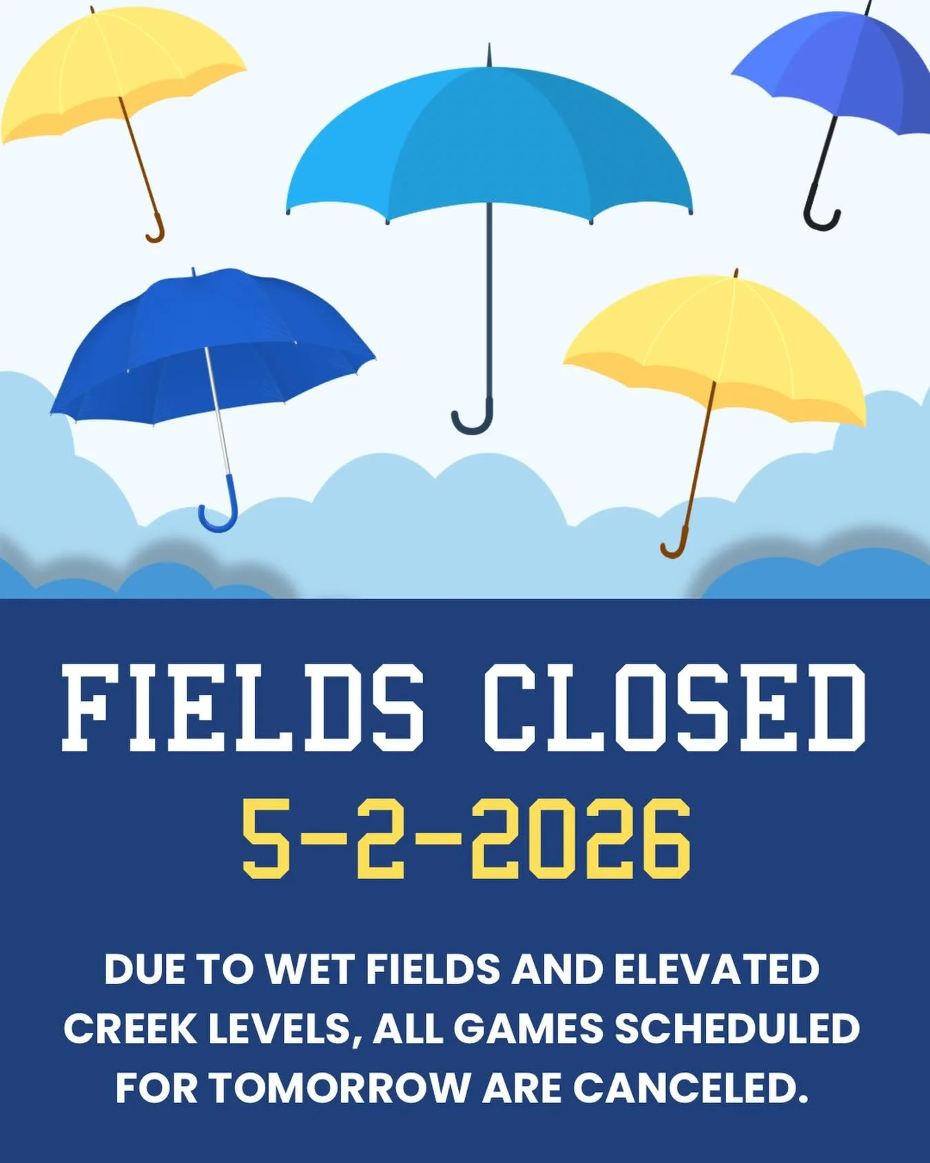 Due to wet fields and elevated creek levels, all games scheduled for tomorrow are canceled.