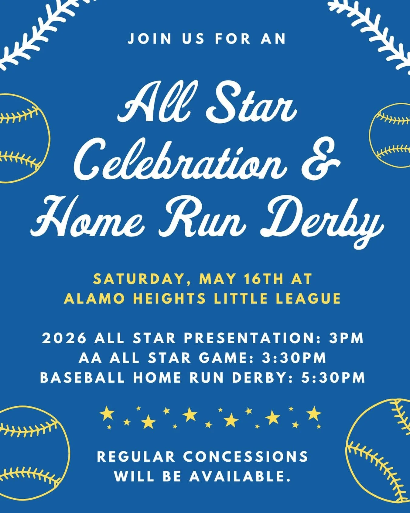 Join us THIS SATURDAY at AHLL for an All Star Celebration and Home Run Derby!

⭐️2026 All Star Presentation: 3pm
⭐️ AA All Star game: 3:30pm
⭐️ Baseball Home Run Derby: 5:30pm

Regular concessions will be available. We hope to see you there!