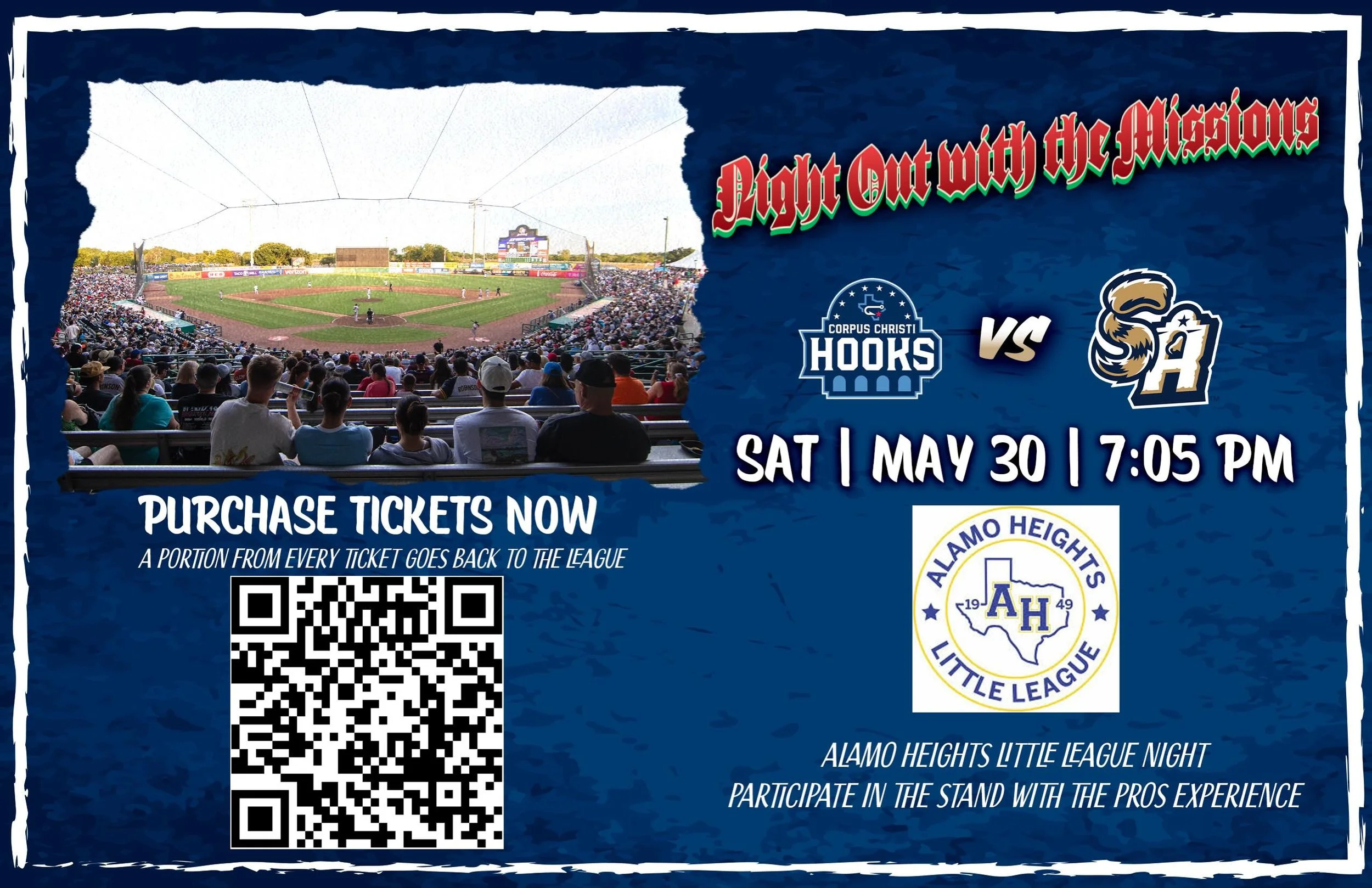 Join us for a special night celebrating Alamo Heights Little League at a San Antonio Missions game on Saturday May 30th! Players, families, coaches, and supporters are all invited to be part of this experience! A portion of every ticket purchased wil
