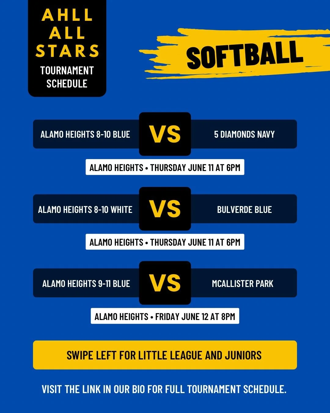 All Star softball games continue tonight AT HOME! Come out to support both 8-10 and Junior softball All Star teams. Good luck to all of the teams and GO HEIGHTS! View the full tournament schedule by clicking on the link in our bio.