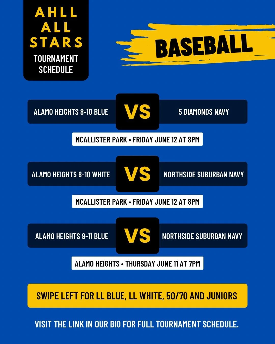 All Star games continue tonight! Come out to support our 9-11 Blue and AHLL Blue All Star baseball teams. Good luck to all of the teams and GO HEIGHTS! View the full tournament schedule by clicking on the link in our bio.