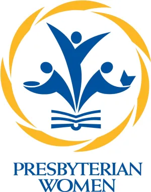 Logo of Presbyterian Women featuring stylized blue figures of women rising above open books, encircled by a gold swirl.