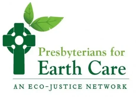 Logo for Presbyterians for Earth Care featuring a green cross with leaf accents and green text.