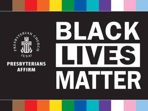 Black Lives Matter poster with Presbyterian Church USA logo and pride rainbow border.