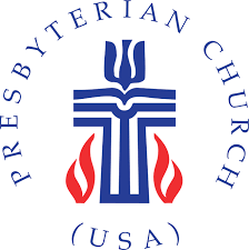 Logo of the Presbyterian Church (USA) featuring a blue cross with flames and the church name surrounding the emblem.