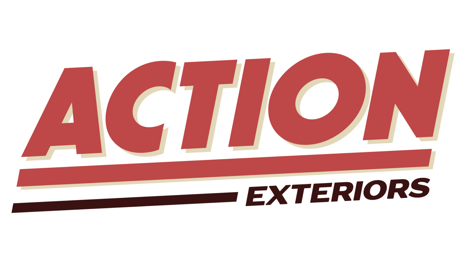 Action Exteriors logo with large red text and black and red lines.