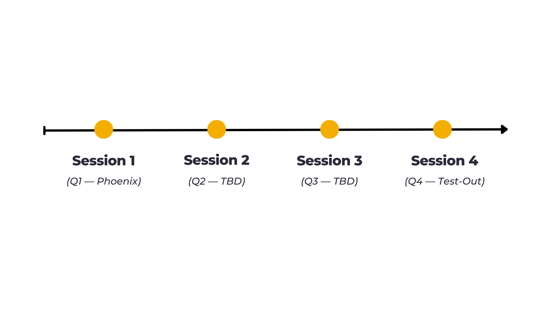 Timeline of the 12-month RevenueGetter Coaching Certification: four quarterly in-person intensives, monthly coaching calls, and the Session 4 test-out