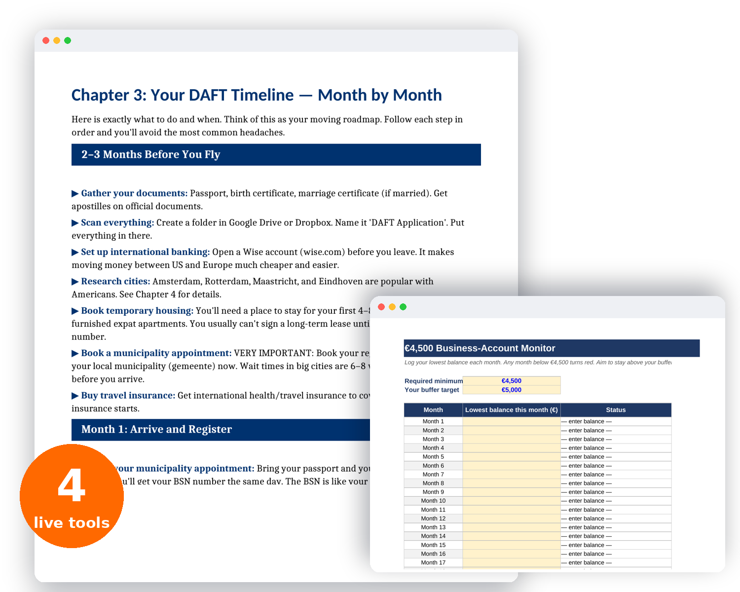 Excel €4,500 balance monitor with month-by-month status column