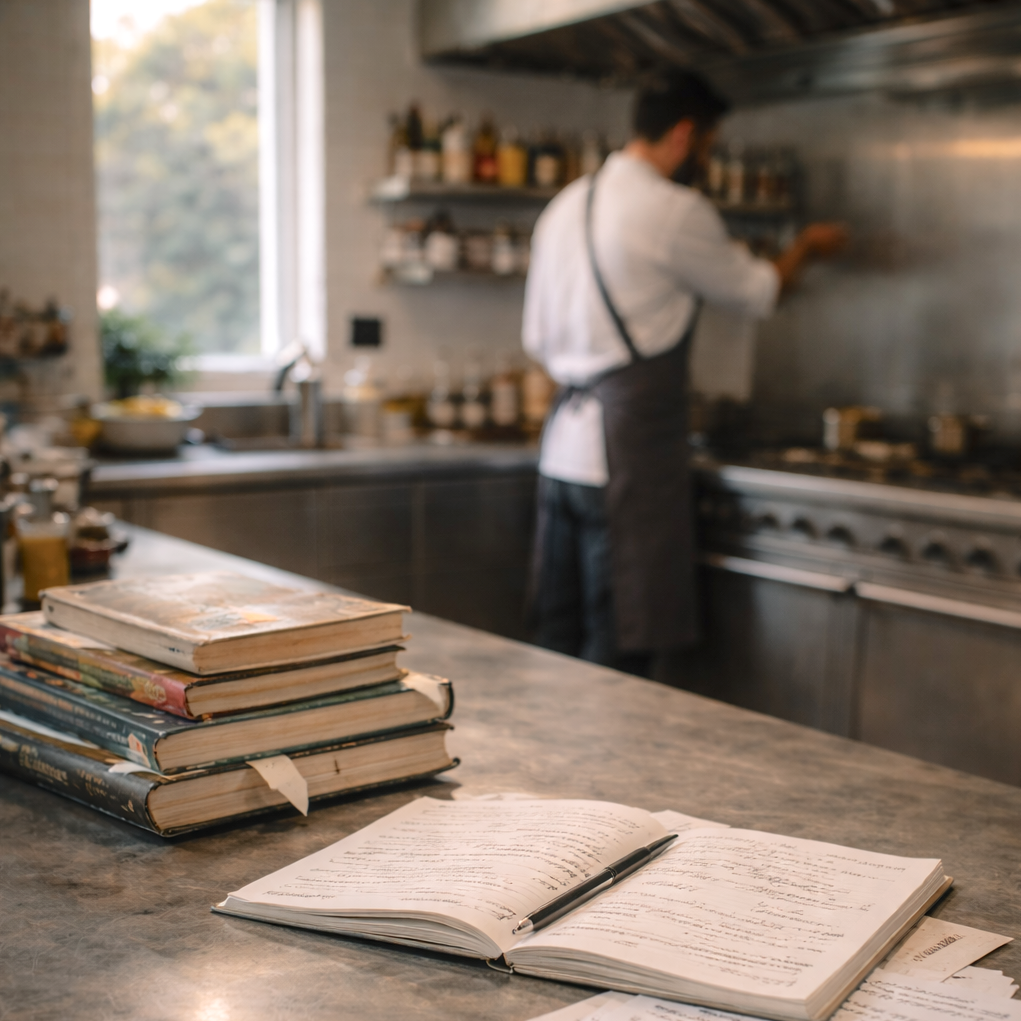 Stack of books and an open journal with a pen on a kitchen counter, with a blurred chef working in the background.