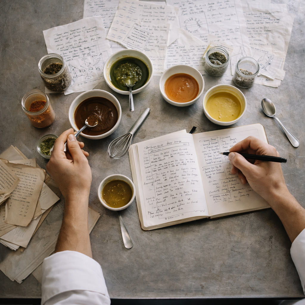 A person writing in a notebook surrounded by various bowls of spices, sauces, and herbs on a table, with handwritten notes and sketches scattered around.