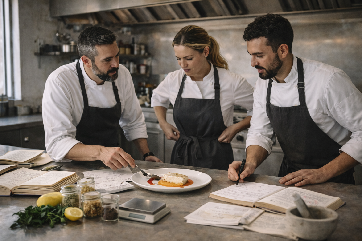 Three chefs in a professional kitchen examining a plated dish while reviewing recipes and notes.