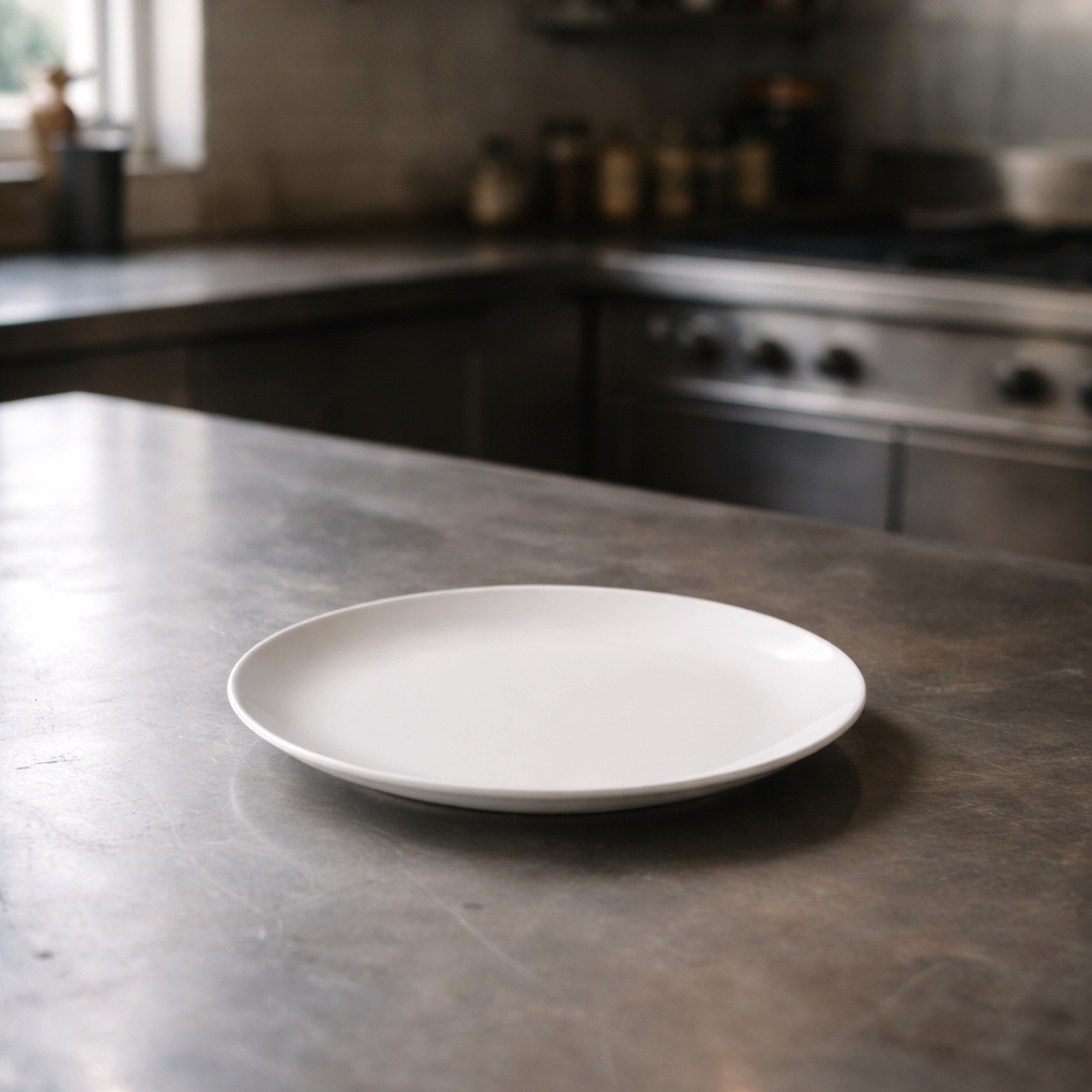 A white, empty plate on a gray kitchen countertop with a blurred stove and kitchen items in the background.