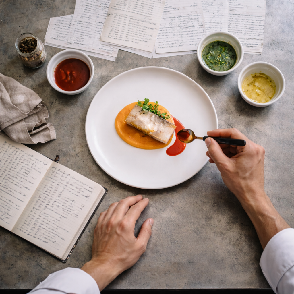 A person sits at a table with a plated dish of fish, garnished with herbs and sauces, surrounded by notes, notebooks, and bowls of sauce and seasonings.