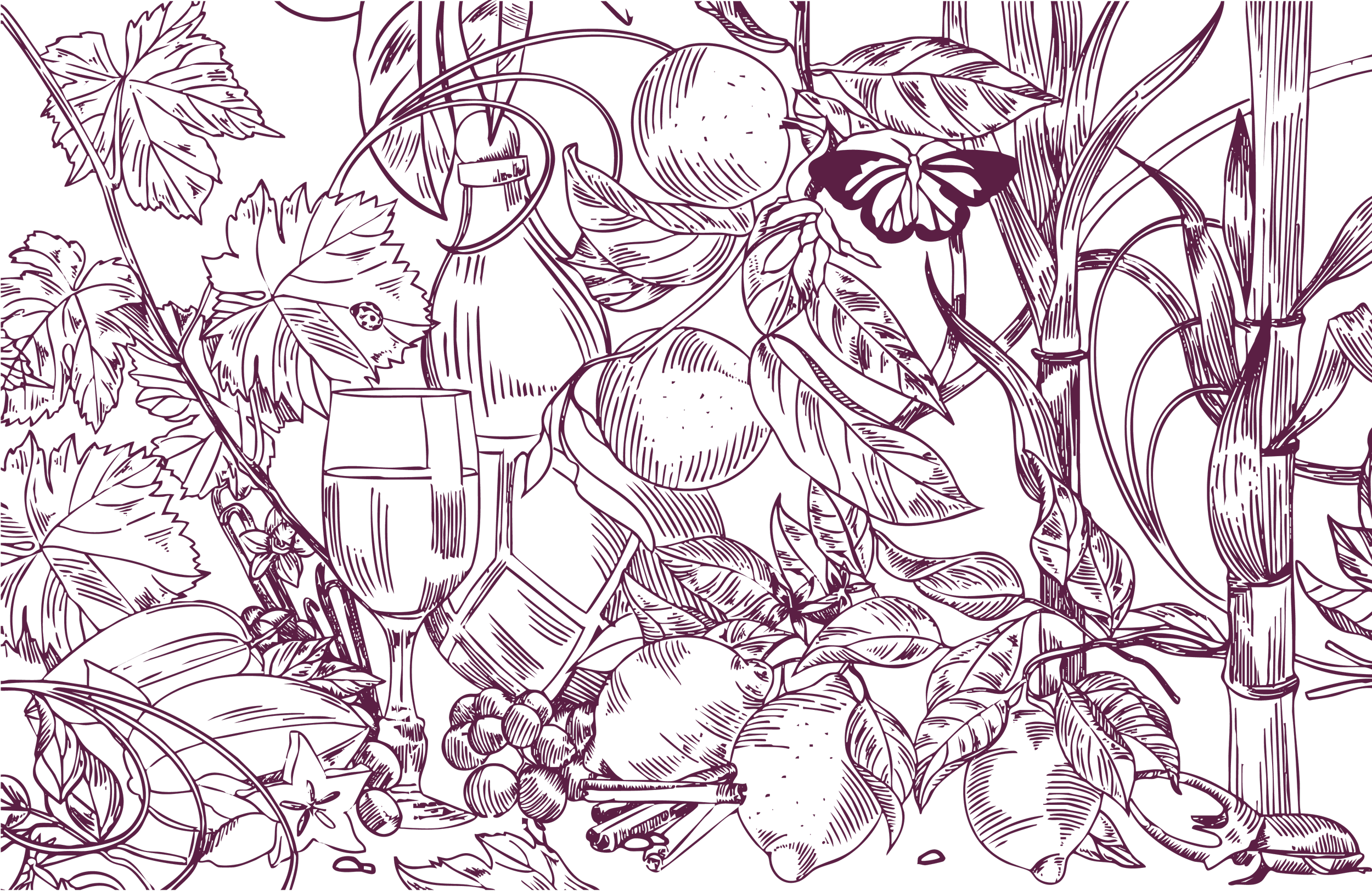 A line drawing of various fruits, wine bottles, glasses, leaves, and bamboo on a black background, styled in purple.