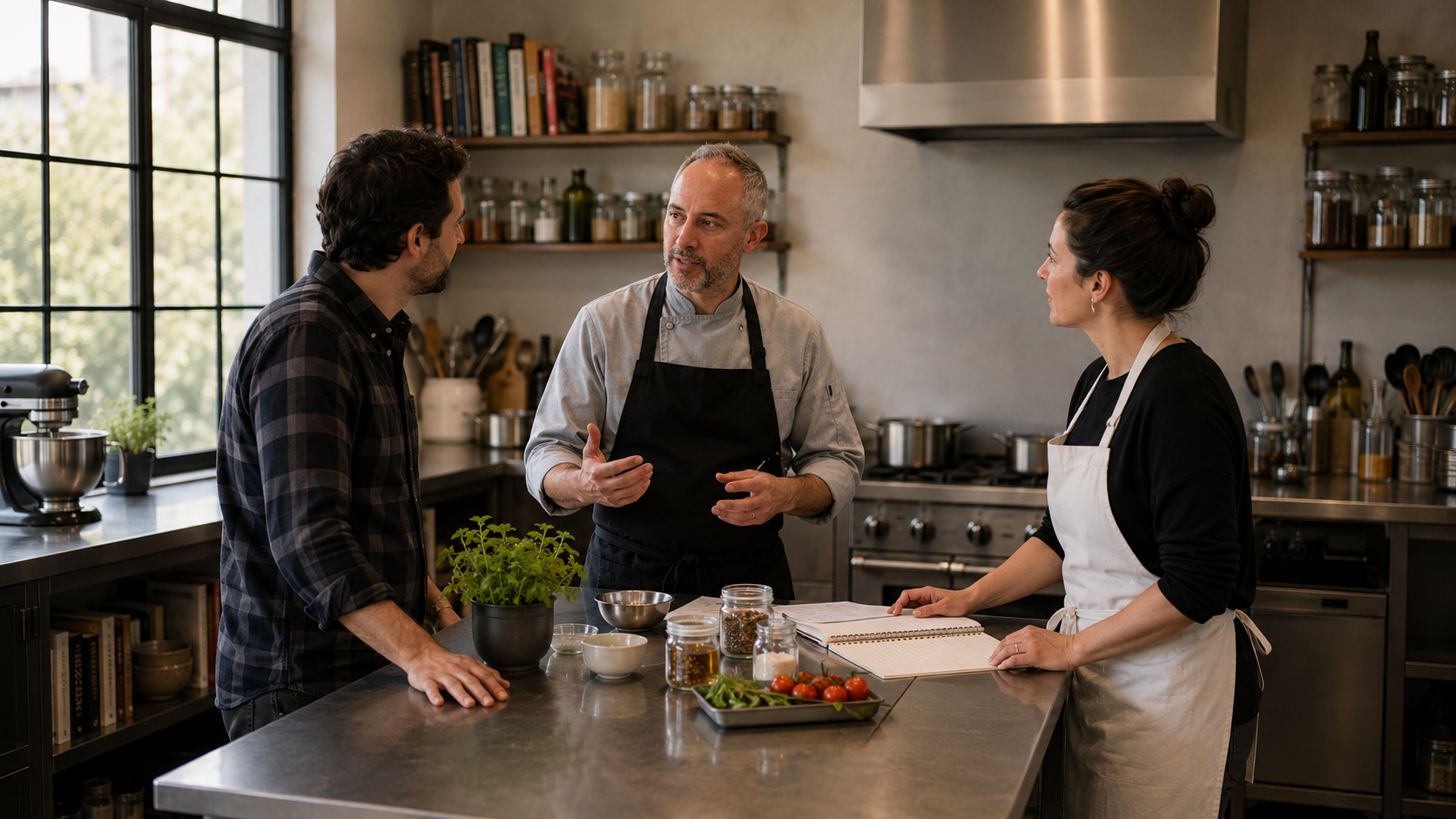 Chef and woman talking in kitchen with ingredients and cookbook on counter.