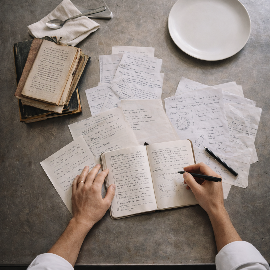 Person writing in a notebook with loose sheets of paper, an open book, a plate, a spoon, and a folded napkin on a gray surface.