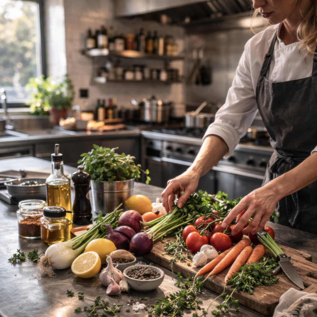Person preparing fresh vegetables, including tomatoes, carrots, garlic, and herbs, on a wooden cutting board in a modern kitchen.