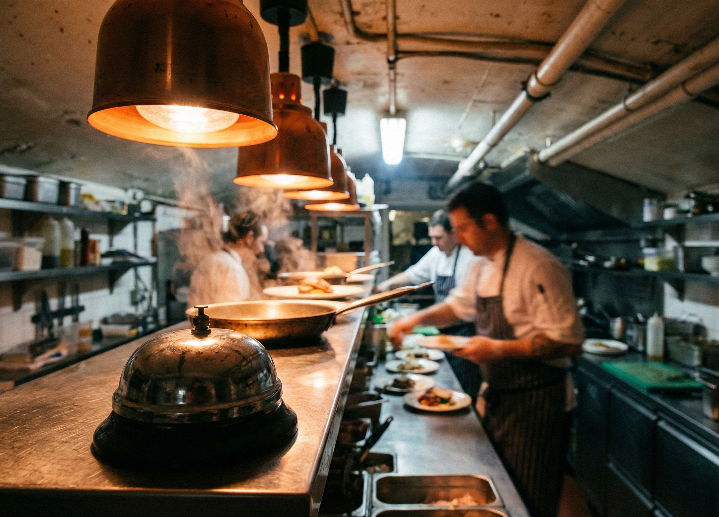 Professional restaurant kitchen brigade during busy dinner service, with a service bell in the foreground and chefs plating dishes under heat lamps in a dim basement kitchen.
