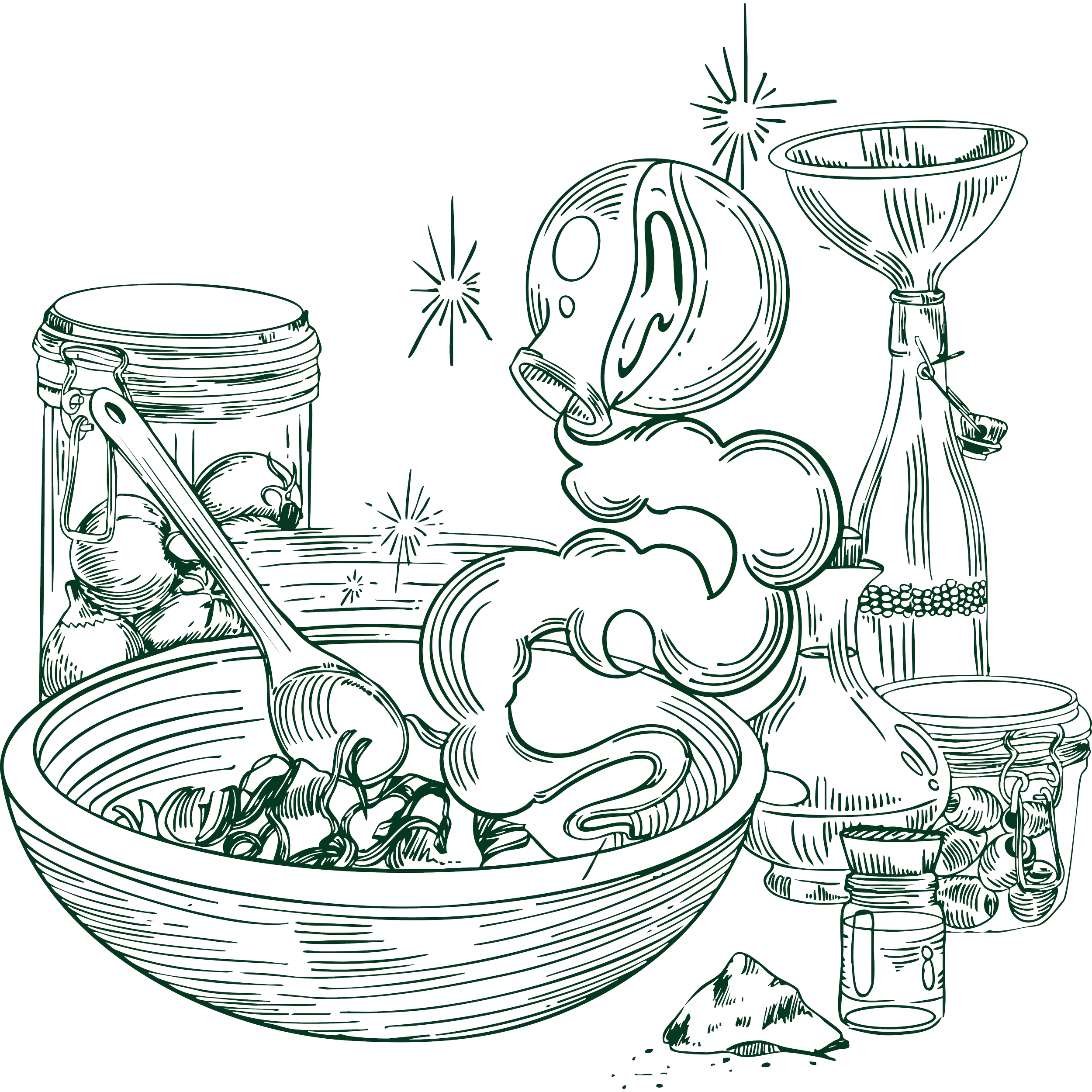 Line art of a bowl of spaghetti with a spoon, jar of sauce, whole garlic bulb, bottle, and garnishing herbs.