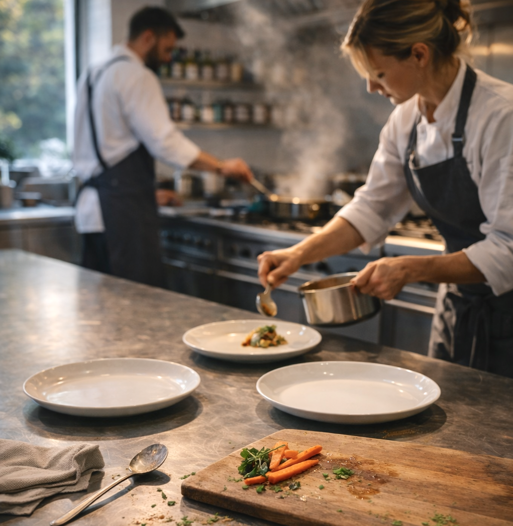 A woman in a white chef's coat and black apron is plating food in a commercial kitchen, with a man working at a stove in the background. There are empty plates, a cutting board with carrots, and utensils on the stainless steel counter.