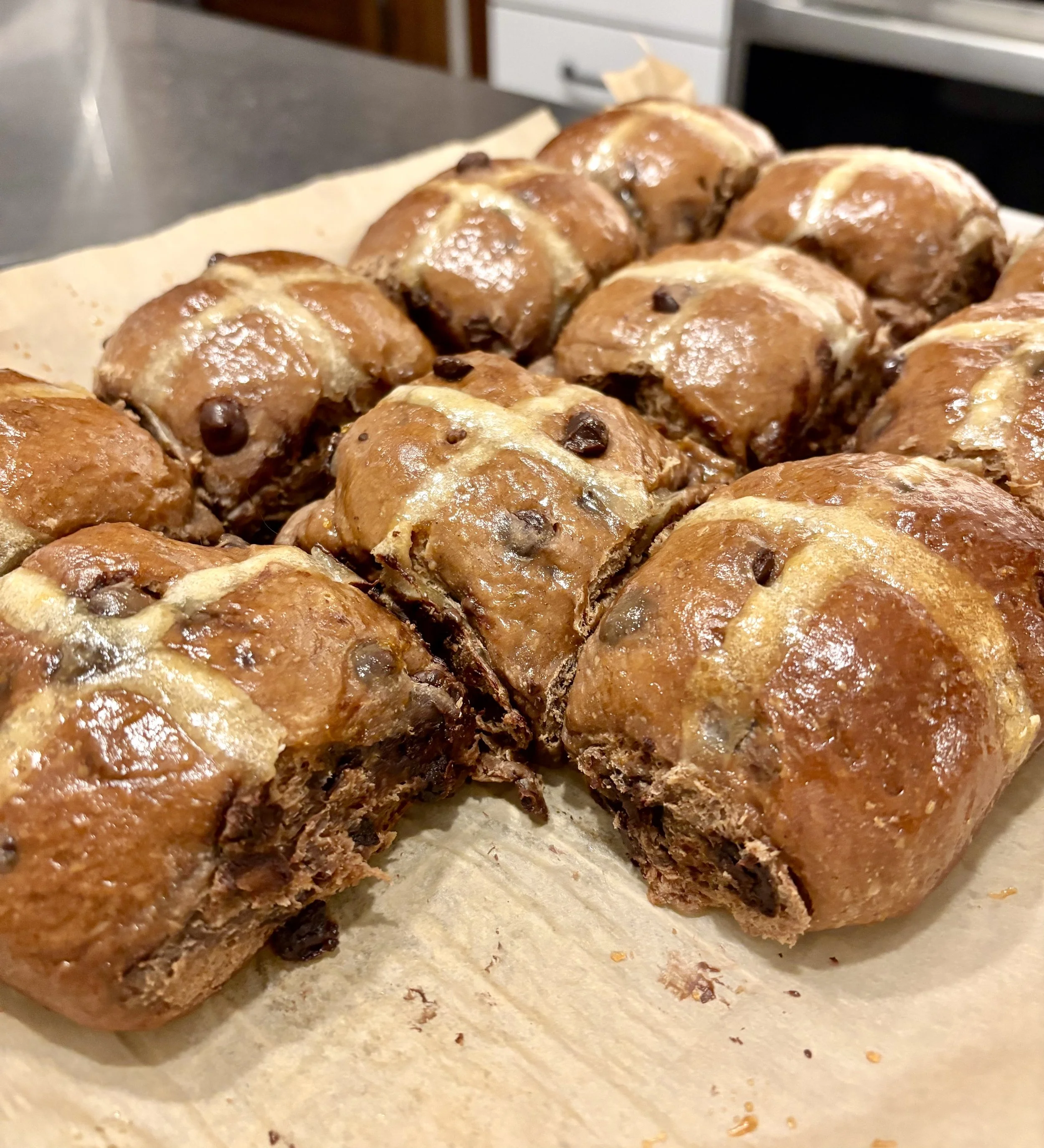 Testing chocolate chip hot cross buns for Easter tea 2026