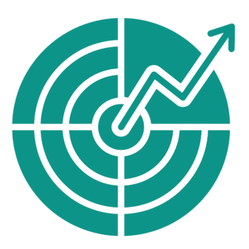 Business target with an upward trending arrow on a radar chart.