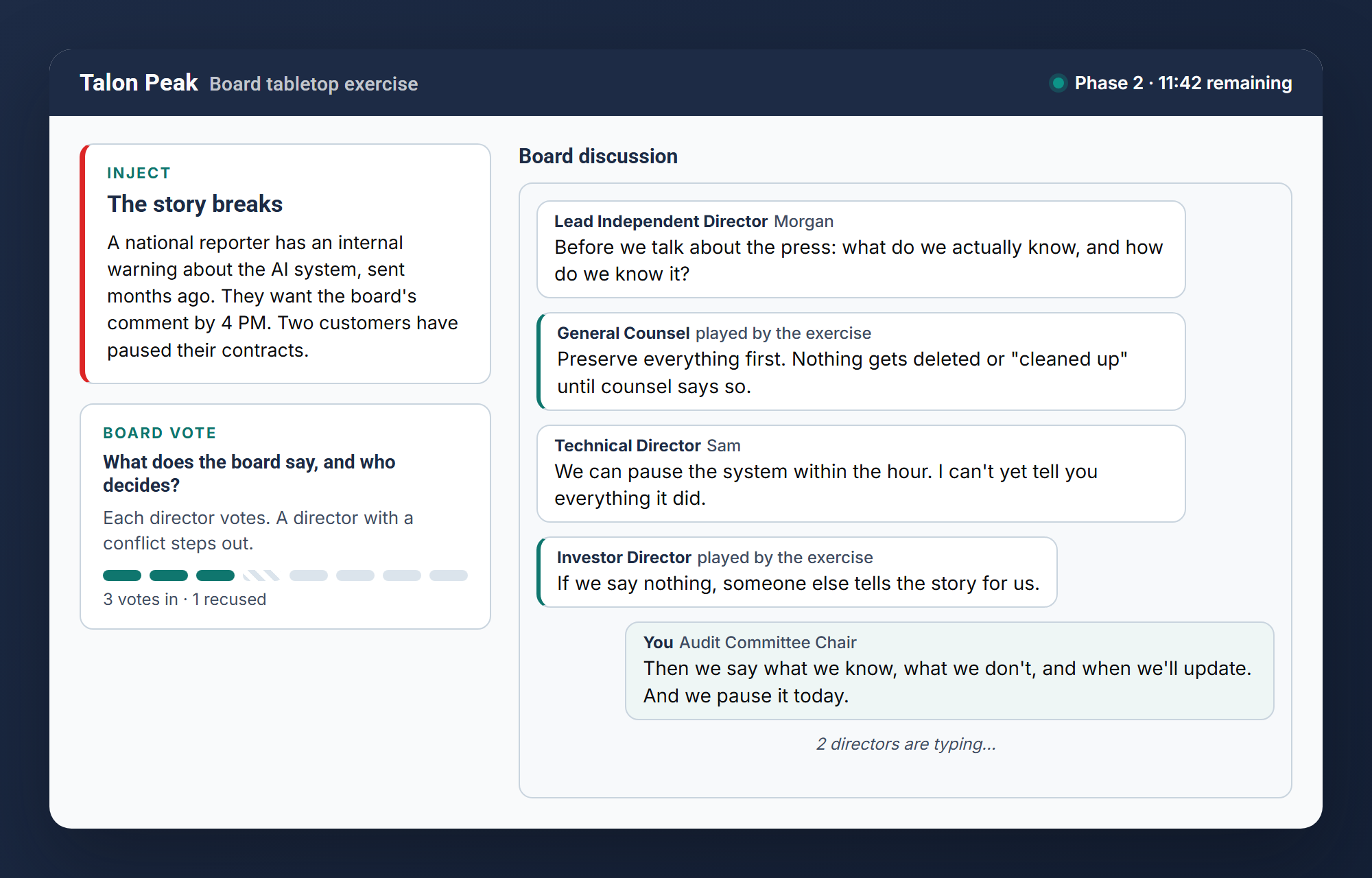 Screenshot of a digital boardroom or meeting interface for Talon Peak, showing ongoing discussions and voting. The interface displays a title, a phase countdown, discussion points for various directors, and a summary of votes.